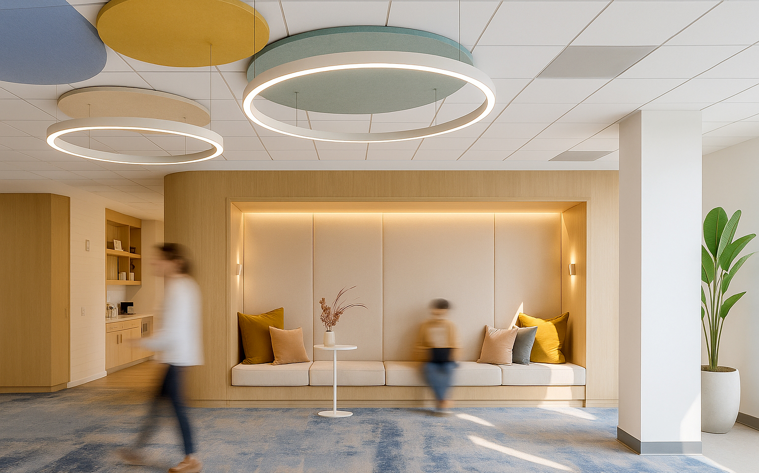 Recepción y zonas colaborativas de diseño de oficinas para atraer talento, con luz natural y detalles de marca que mejoran la experiencia del empleado