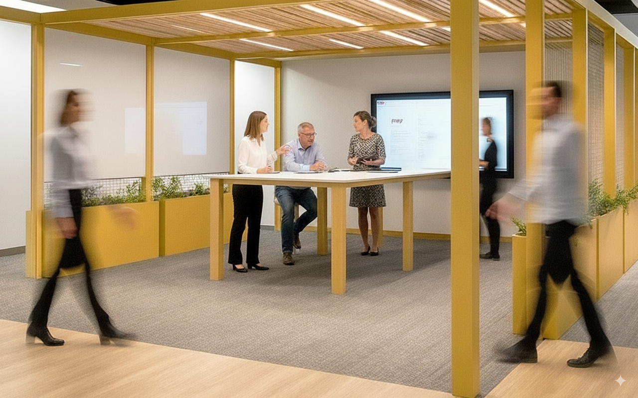 Sala de dirección donde las oficinas como herramienta de liderazgo comunican visión y cultura mediante diseño y branding